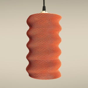 Puede incluir: Lámpara colgante cilíndrica naranja con un patrón texturizado en forma de onda. La lámpara cuelga de un cable negro y tiene una base blanca. Diseño moderno y decorativo.