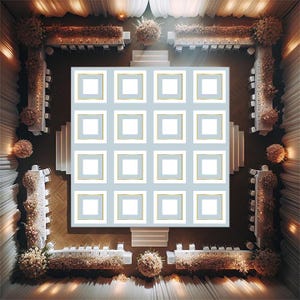 May include: Overhead view of a wedding reception setup. Tables are arranged around a central dance floor with a grid pattern. Floral arrangements and lighting create an elegant atmosphere. The dance floor has a light blue background with gold trim.
