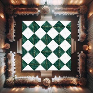 May include: Overhead view of a wedding reception setup. The focal point is a checkered dance floor with green marble and white squares. Tables are arranged around the dance floor, decorated with floral arrangements and candles. The overall theme is elegant and formal.