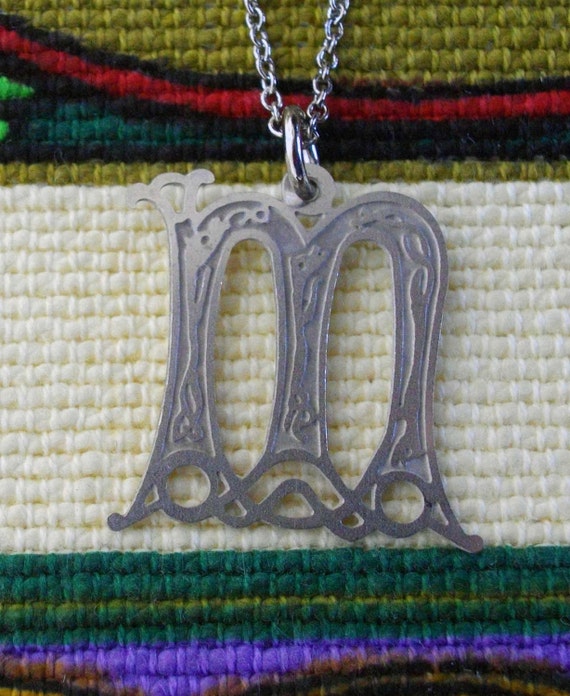 Cubic Zirconia M Initial with Tilted Crown Necklace Charm in 10K