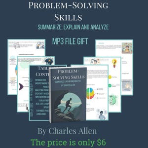 Może przedstawiać: Okładka książki z niebieskim tłem i mężczyzną biegnącym w górę po górze. Tytuł książki to "Problem-Solving Skills: Summarize, Explain and Analyze" autorstwa Charlesa Allena. Cena wynosi 6 €.