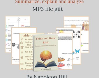 May include: A book titled "Think and Grow Rich" with the subtitle "Summarize, explain and analyze." The cover features a brain illustration above an open book. Accompanying materials include diagrams and the text "MP3 file gift."