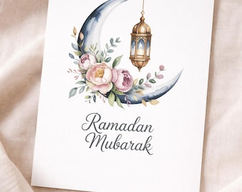 水彩画のラマダンカード、イスラムの三日月、ランタン（デジタルダウンロード 5x5 インチ）