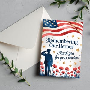 Bedankt Veterans Day Card Memorial Day Card Bedankt voor je service Militaire patriottische bedankkaarten Afdrukbare kaart van 5 x 7 inch