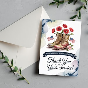 Bedankt Veterans Day Card Memorial Day Card Bedankt voor je service Militaire patriottische bedankkaarten Afdrukbare kaart van 5 x 7 inch