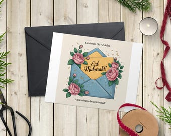 Puede incluir: Tarjeta de felicitación con un diseño de sobre azul, rosas rosas y el texto "Eid Mubarak!!" sobre un fondo beige claro. Un sobre negro está detrás de la tarjeta. También son visibles las palabras "Celebrate Eid Al Adha" y "A blessing to be celebrated!"