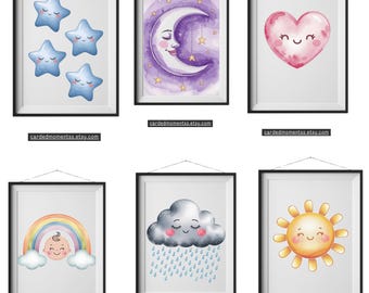 Rainbow Nursery Decor: Watercolor Sun & Cloud Prints (Digital Download Set of 6