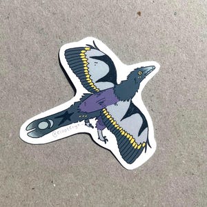 May include: A sticker depicting a stylized illustration of a flying creature with a bird-like head and a long tail. The creature has gray, purple, and yellow accents. The tail has a moon and star design. The sticker has the text "@elopteryx-".