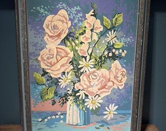 Vintage 1970s Paint By Number Floral Vase Flowers Roses Framed MCM