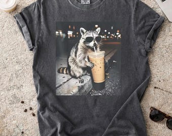 Comfort Colors® Retro Raccoon Drinking Iced Coffee Shirt | Funny Animal Meme Tee | Coffee Lover Raccoon Shirt | Unisex Graphic T Shirt