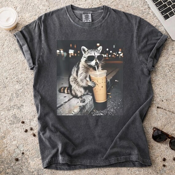 Comfort Colors® Retro Raccoon Drinking Iced Coffee Shirt | Funny Animal Meme Tee | Coffee Lover Raccoon Shirt | Unisex Graphic T Shirt