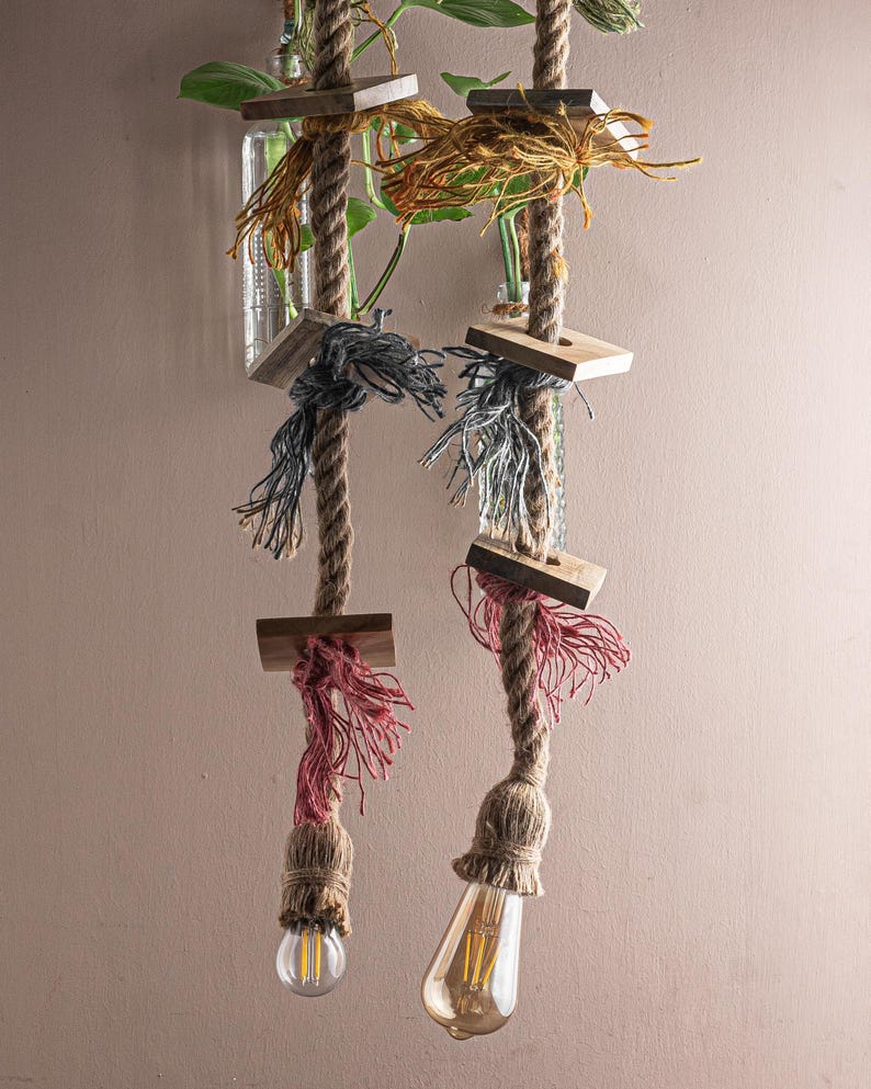 Rustic Rope Bulbs Handmade Rope Pendant Light Rustic Wooden Hanging Lamp Vintage Edison ...