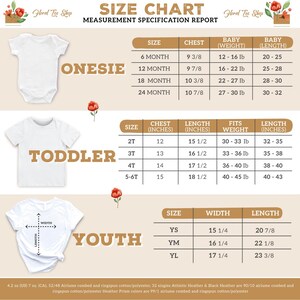 The image is a size chart for baby and toddler clothing items, including a white onesie, a white t-shirt, and a white youth shirt. The chart provides measurements for different age groups, such as 6 months, 12 months, and 24 months, along with the corresponding chest, weight, and length measurements.