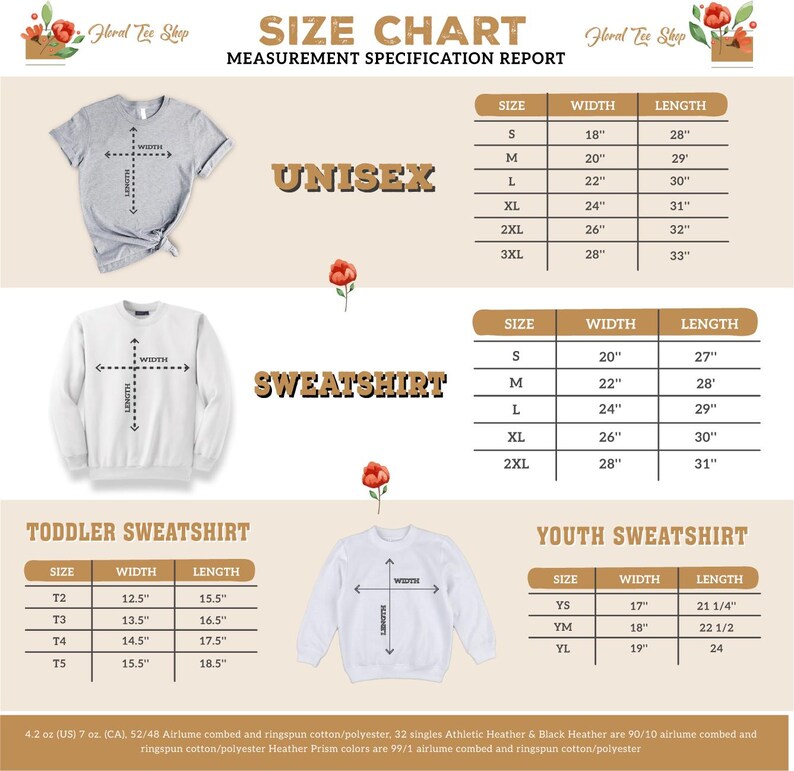 The image is a size chart for a floral tea shop, displaying the measurements for different sizes of sweatshirts and sweaters.