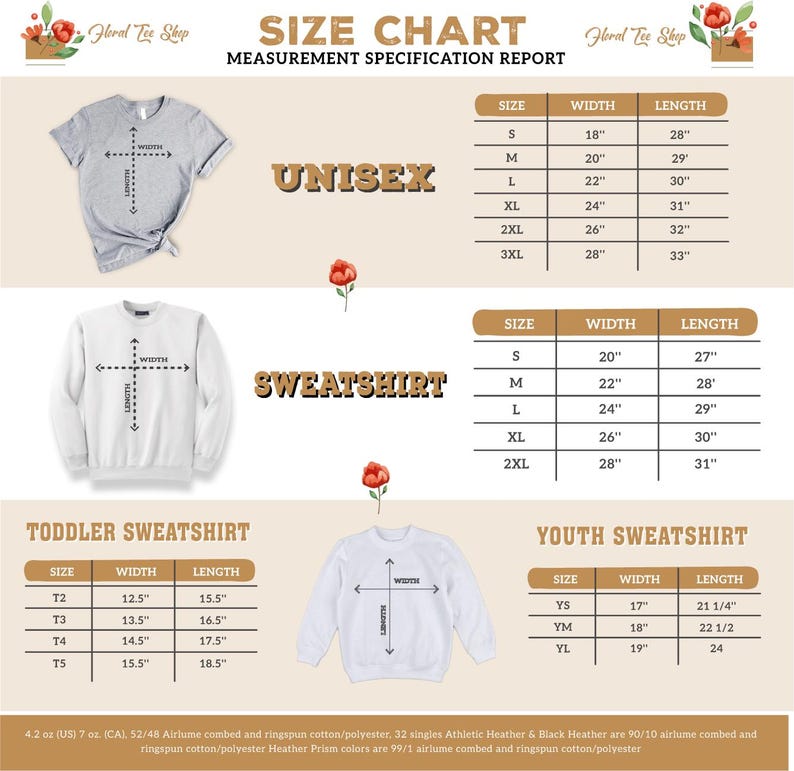 The image is a size chart for a floral tea shop, displaying the measurements for different sizes of sweatshirts and sweaters.