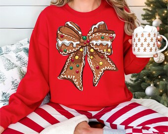 Christmas Coquette Bow T-shirt, Gingerbread Bow Tee, Winter Season Tee, Family Christmas Tee, Very Merry Christmas Sweatshirt