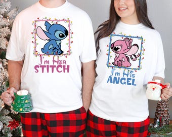 I'm Her Stitch And I'm His Angel T-shirt, Disney Stitch Sweatshirt, Christmas Couple Matching Shirt, Winter Holiday Trip Hoodie