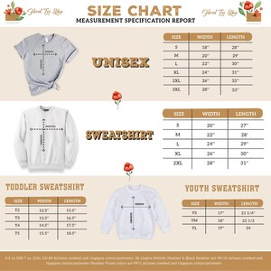 The image is a size chart for a floral tea shop, displaying the measurements for different sizes of sweatshirts and sweaters.