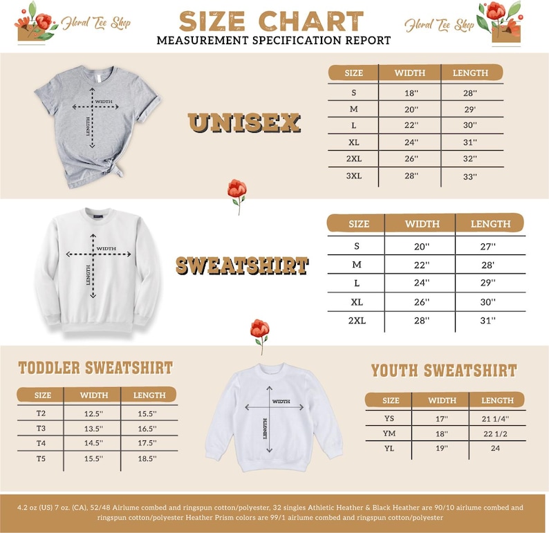 The image is a size chart for a floral tea shop, displaying the measurements for different sizes of sweatshirts and sweaters.