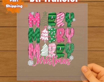 Merry Merry Merry Christmas DTF Transfer, Pink Christmas Tree Ready to Press For T-Shirt