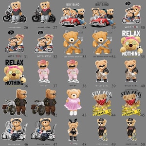 Peut inclure: Illustrations de plusieurs ours en peluche. Certains ours sont représentés sur des motos, tandis que d'autres portent diverses tenues, notamment des vêtements décontractés, des bandanas et des lunettes de soleil. Les ours sont dans différentes poses.