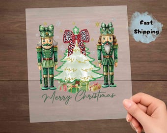 Merry Christmas Nutcracker DTF Transfer, Green Nutcracker Tree Ready to Press, Watercolor Xmas Holiday Iron On