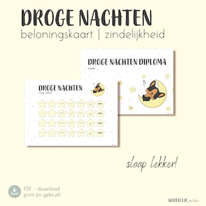 Droge nachten – Nederlands Beloningskaart zindelijkheidstraining A4 - Digitale download - Slapen zonder luier - Stickerkaart - Mijlpaalkaart