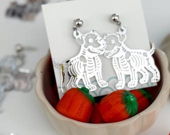 Silver Mirrored Acrylic Dog Skeleton Dangle Earrings - Spooky Pet Jewelry