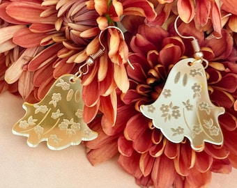 Vintage Ghost Earrings: Mirrored Gold Acrylic, Floral Cutout Pattern