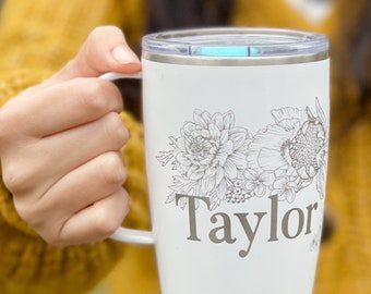 Personalized Floral Insulated tumbler, Personalized Laser Engraved Mug, floral wine tumbler Dishwasher Safe Insulated travel mug