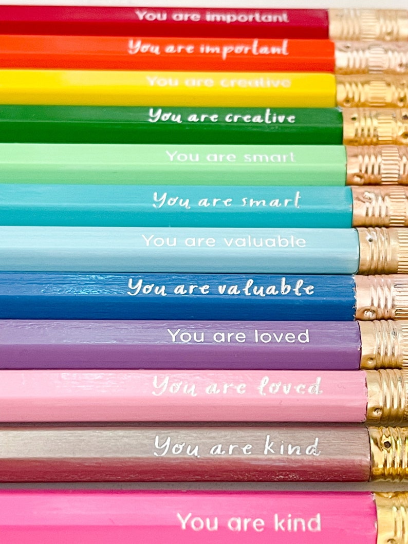 Positive Affirmation Pencils, Set of 12 Mini Golf Pencils, Rainbow Pencils image 1