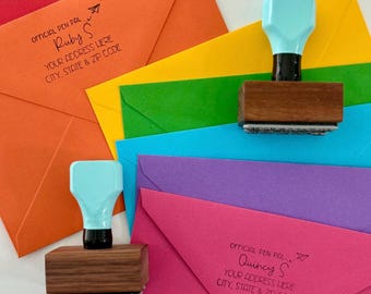 Pen Pal Address Stamp Set: Personalized Wood Base, Blue Handle
