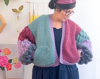 Chunky Knit Wool Cardigan – Bubble Sleeves, Cozy Oversized Fit