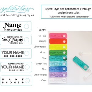 May include: Five different styles of lost and found tags with a circle for a phone number. The tags are shown in various colors: hot pink, orange, safety yellow, green, teal, glitter teal, blue, glitter purple, and clear.