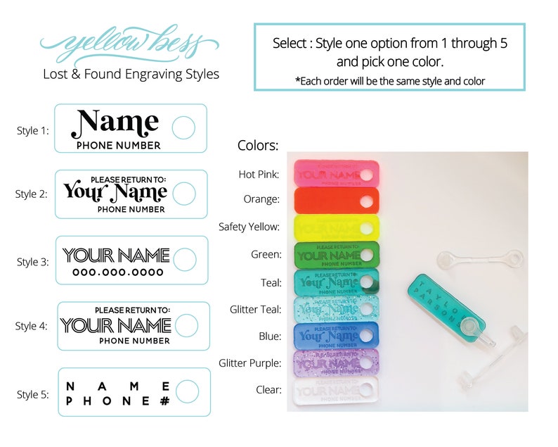 May include: Five different styles of lost and found tags with a circle for a phone number. The tags are shown in various colors: hot pink, orange, safety yellow, green, teal, glitter teal, blue, glitter purple, and clear.