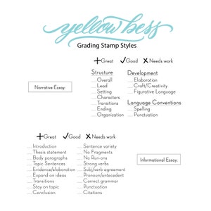 May include: A chart with grading stamp styles for narrative and informational essays. The chart lists categories for structure, development, and language conventions. Each category has a checklist of items with checkmarks for "Great", "Good", and "Needs work".