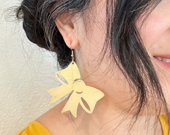 Brushed Brass Bow Earrings: Oversized Holiday Statement Earrings