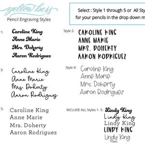 May include: Image showcasing pencil engraving styles. The text includes names like Caroline King and Anne Marie, presented in various fonts. Instructions are provided to select styles 1-5 or all styles from a dropdown menu.