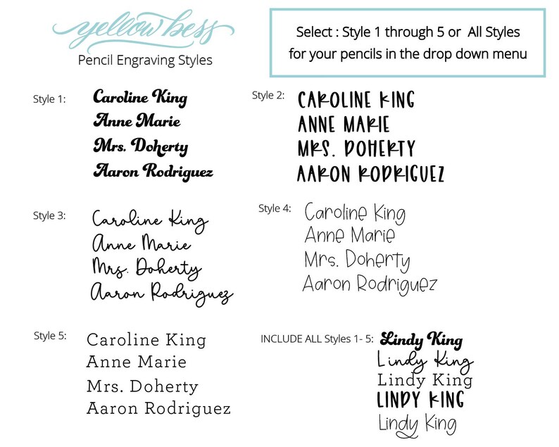 May include: Image showcasing pencil engraving styles. The text includes names like Caroline King and Anne Marie, presented in various fonts. Instructions are provided to select styles 1-5 or all styles from a dropdown menu.