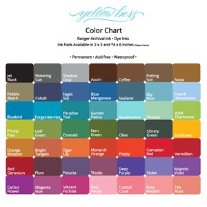 Peut inclure: Un nuancier de 48 couleurs d'encre diff&eacute;rentes, organis&eacute;es en lignes et en colonnes. Les couleurs des tampons d'encre sont nomm&eacute;es avec des mots comme "Noir Jet", "Cobalt", "Navigateur", "Tournesol", "Prune", et "Rose Th&eacute;".