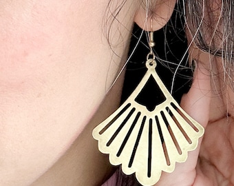 Brushed Solid Brass Art Deco Fan Shaped Statement Earrings