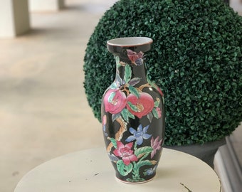 12” Chinese Porcelain Famille Noire vase decorated with flowers