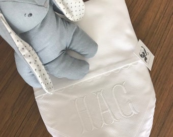 Pique blanket - Embroidered / monogrammed / personalized 100% cotton pique receiving blanket / white with pink, blue or white rick rack trim