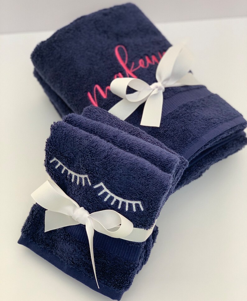 Pair Navy Blue Makeup Towel With Makeup Embroidery Etsy