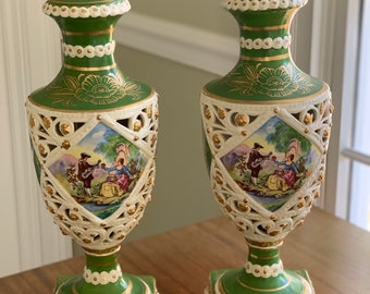 Pair K.T. Occupied Japan hand painted lamp bases