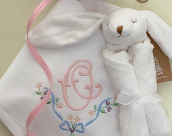 Embroidered / monogrammed / personalized 100% cotton baby / receiving blanket / white with border and initial