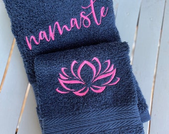 Embroidered Yoga Towel Set: Lotus Flower & Namaste Design