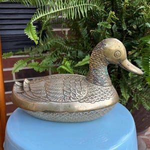 Brass 10” Duck Figural Storage Box Figurine - made in Korea for Leonard Silver Mfg. Co.