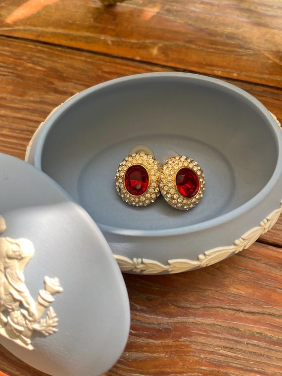 Vintage ruby red rhinestone oval stud earrings by… - image 3