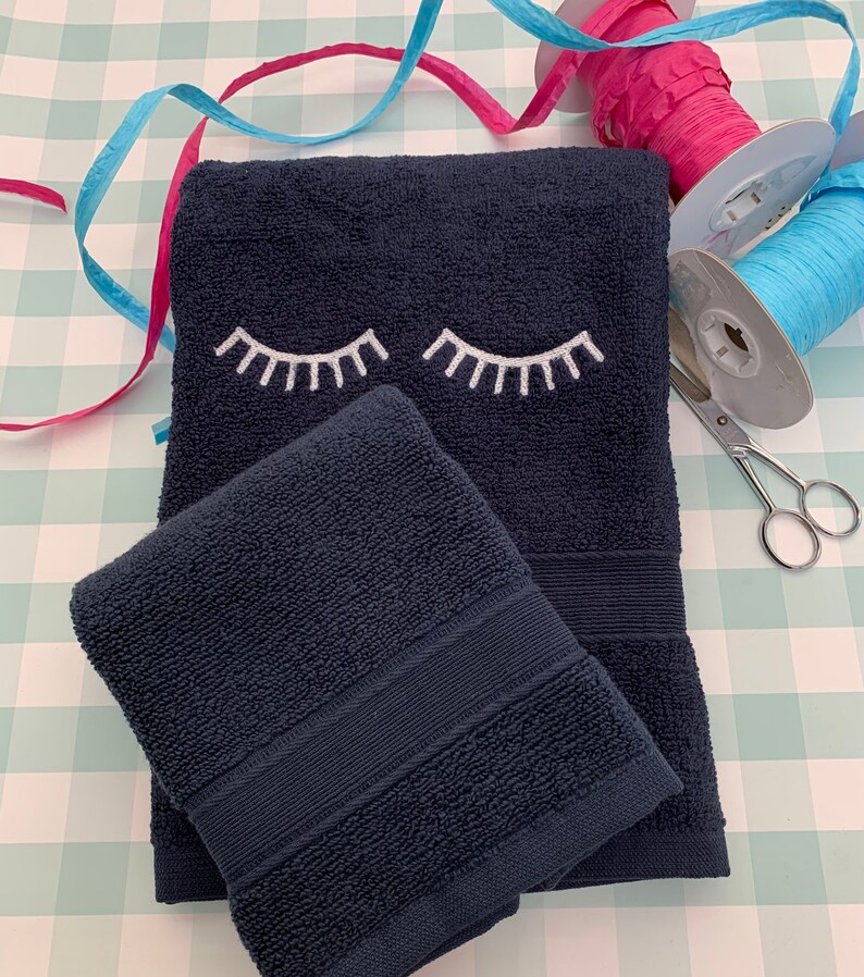 Navy Blue Makeup Towel With Embroidered Eyelashes Eyelashes Etsy